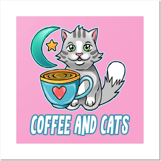 Coffee and Cats funny cute cats coffee lovers Wall Art by dnlribeiro88